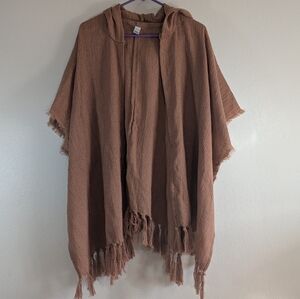 Francesca's Collections Open Poncho With Fringe & Hood In Dusty Rose/Orange OS